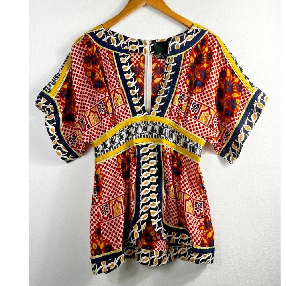 McGinn Top 38 Red Multi Floral Geometric Boho Peplum V-Neck Cotton Silk Blouse